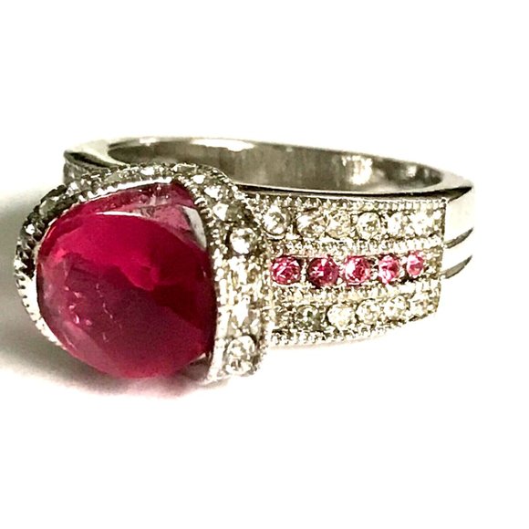 Pink Cubic Zirconia Art Deco Cocktail Ring Size 8 Statement Silver Plated - Picture 9 of 16
